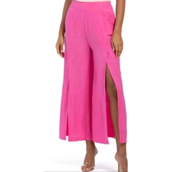 HG Happily Grey Linen Blend Pink Slit Wide Leg Cropped Pants - Picture 1 of 6